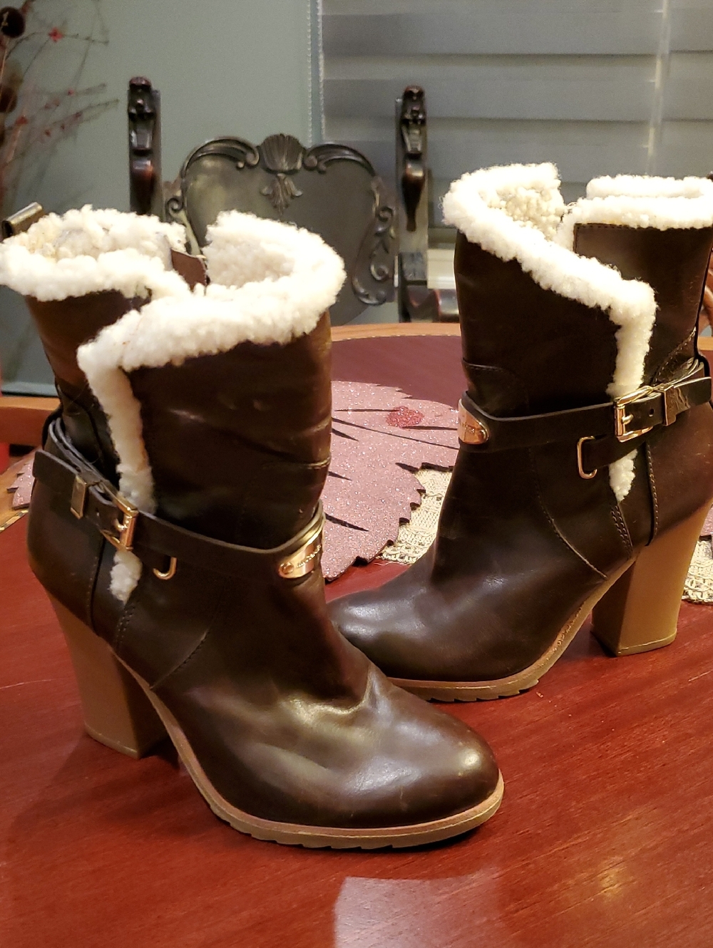 Michael Kors Women's Brown Leather Mid Calf 4in Heel Boots Shearling Distressed